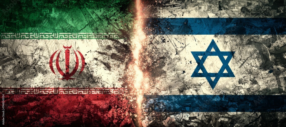 Obraz premium Tension between Israel and Iran flags on fire burst. Generative AI technology. 
