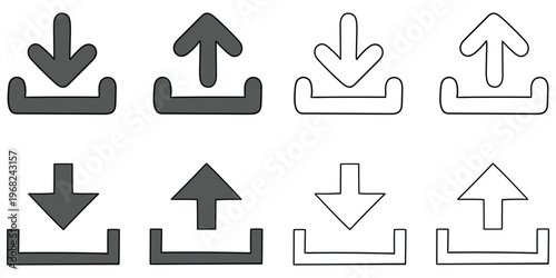 Hand-drawn cartoon and doodle set of download and upload icons on a white background.