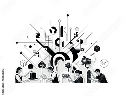 props arrangement intersecting geometric lines circles and abstract box icons detailed black and white stagehands placing props and costumes in