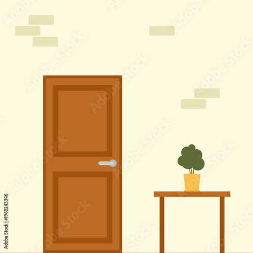 Brown wooden door and potted plant on table minimalist interior. Vector illustration for real estate icons, home decor concepts, and modern UI backgrounds