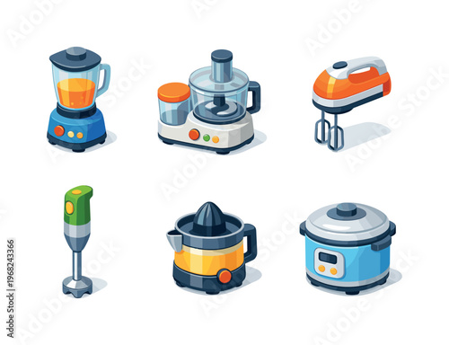 Kitchen Gadgets. Isometric flat vector icons set of kitchen gadgets: blender, food processor, hand mixer, immersion blender, electric juicer, rice cooker.