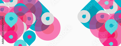 Abstract colorful circles, overlapping shapes create dynamic composition. Pink, teal, purple hues dominate white background. Modern design.