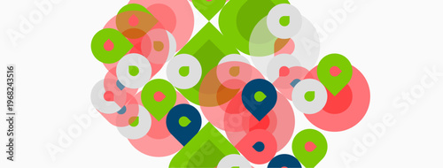Abstract composition featuring overlapping circles. Colors include green, pink, blue, white. Shapes create dynamic visual texture.