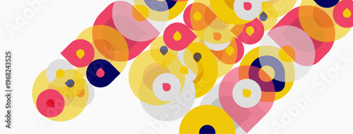 Abstract colorful circles overlap, creating dynamic visual pattern. Shapes vary size, hue, offering modern aesthetic.