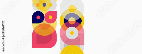 Abstract geometric shapes overlap, creating colorful patterns. Design features circles, ovals, pinks, blues, yellows. Minimalist style.