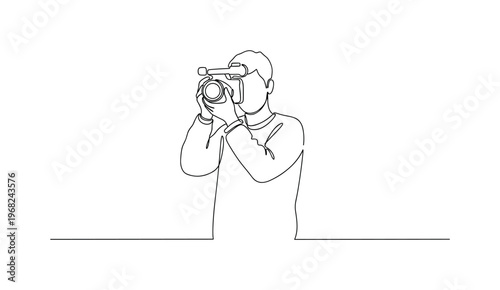 Documentary Filming. Minimalistic one-line drawing person holding camera filming scene, continuous single black line on white background, simple outline style,