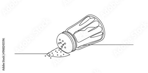Overturned Shaker. Minimalistic one-line drawing salt shaker on side with spilled contents, continuous single black line on white background, simple outline