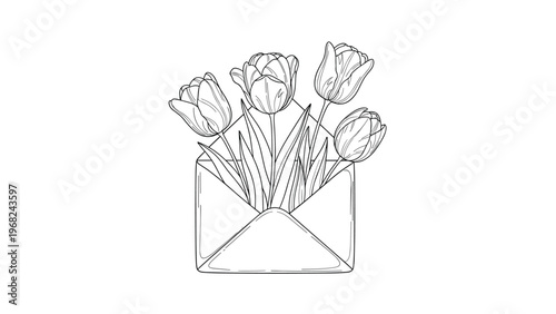 Black and white line drawing of four tulips inside a mail envelope for romantic letter or floral greeting card.