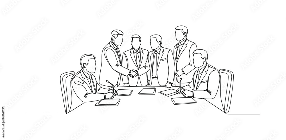 Obraz premium Peace Conference. Minimalistic one-line drawing diplomats shaking hands and discussing agreements, continuous single black line on white background, simple