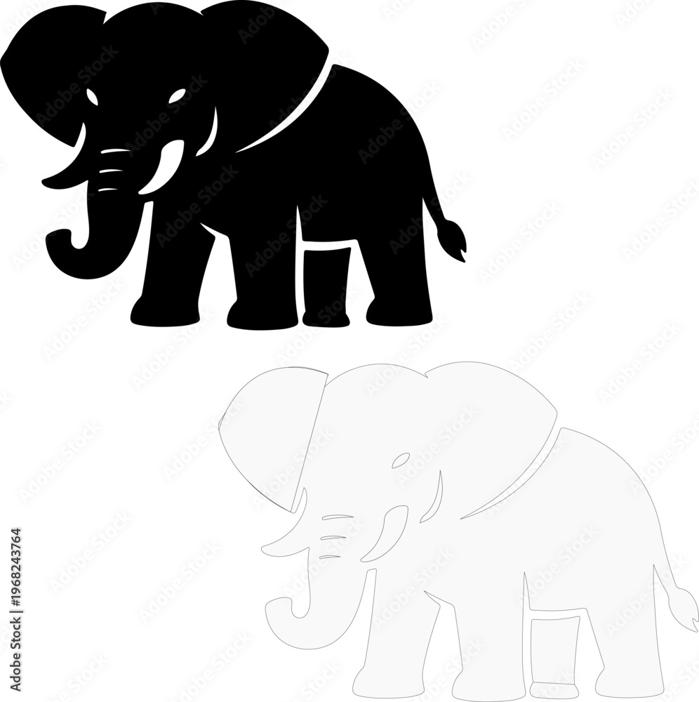 Fototapeta premium Elephant Icon Set: Striking graphic showing both black and white outlines of an elephant, evoking a sense of powerful simplicity and design versatility.