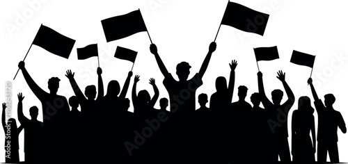 Silhouette of large crowd waving flags in unity protest rally, cheering people celebrating freedom, activism, social movement energy concept