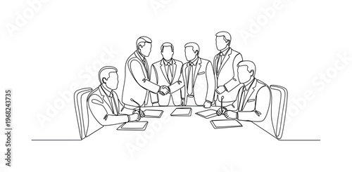 Peace Conference. Minimalistic one-line drawing diplomats shaking hands and discussing agreements, continuous single black line on white background, simple