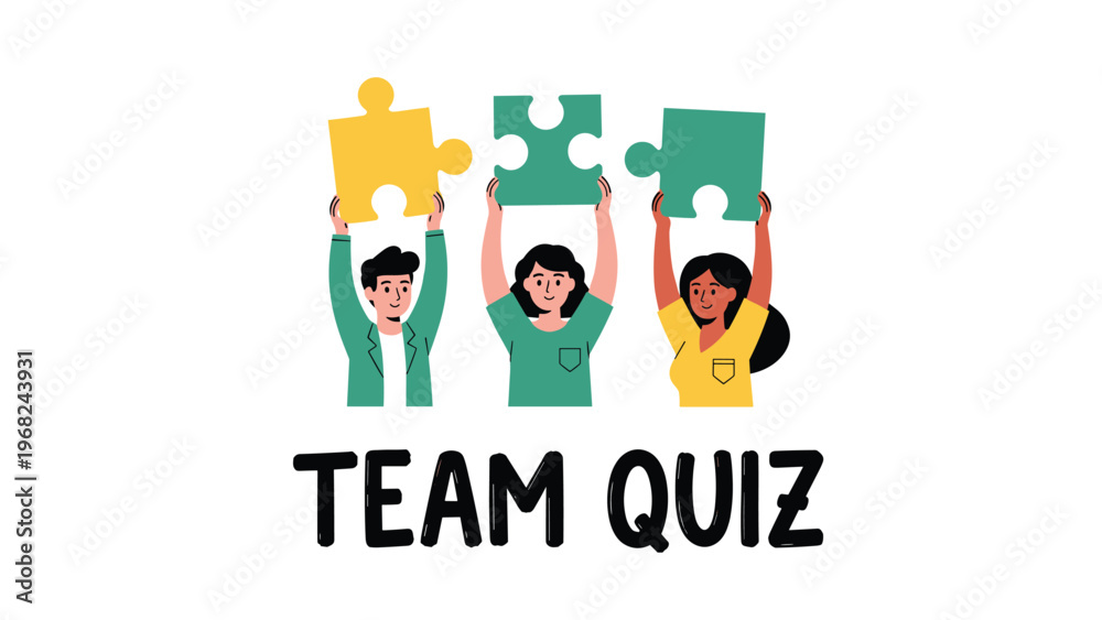 Fototapeta premium Team quiz graphic showing three diverse people holding up yellow, green, and blue jigsaw puzzle pieces to symbolize problem solving and teamwork.