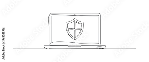 VPN Protection. Minimalistic one-line drawing laptop with secure connection shield icon, continuous single black line on white background, simple outline
