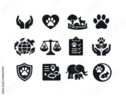 Animal Conservation. Solid icon set of Animal Conservation: conservation hands, heart with paw, wildlife reserve, animal footprint, biodiversity symbol, eco