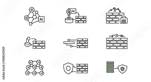 Collection of Cybersecurity and Data Protection Icons in Line Art Style.