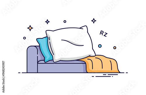 Pillow nap corner concept where a pillow lies on a sofa with a blanket while tiny sparkle and star icons highlight comfort, rest, and cozy environment. The