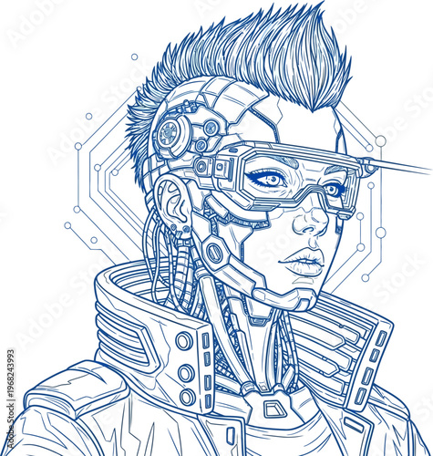 Cyberpunk character portrait with futuristic technology and mohawk hairstyle.