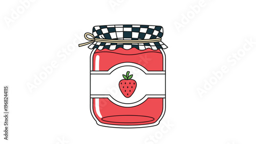 Simple illustration of a jar filled with red strawberry jam featuring a fruit label and a classic black and white checkered lid.