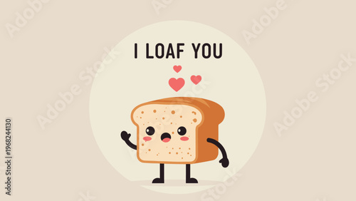 Cute cartoon bread slice with a shy expression and floating hearts appears under the punny text i loaf you in a circular frame.