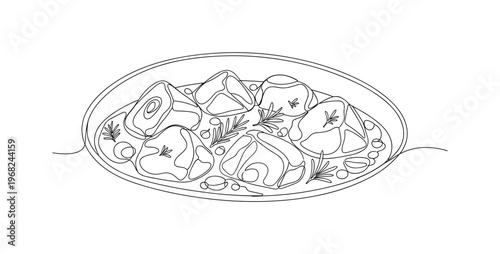 Hearty Stew. Minimalistic one-line drawing braised meat chunks in cooking liquid with herbs, continuous single black line on white background, simple outline