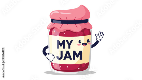 Happy cartoon jam jar character with a friendly face and waving hand stands behind the bold text my jam on a white background.