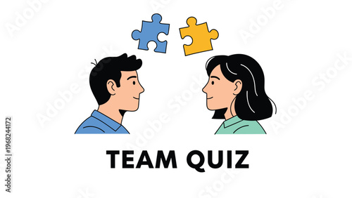Team Quiz title with two characters and puzzle pieces symbolizing teamwork and knowledge for a fun group activity.