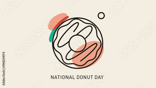 National Donut Day graphic illustration with a delicious glazed donut and abstract shapes on a beige background.