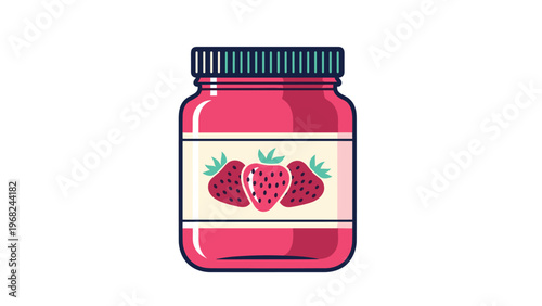 Delicious strawberry jam jar with sweet fruit illustration on the label for healthy breakfast and kitchen pantry.