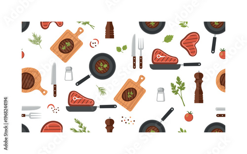 grilled meat icons seamless pattern, repeating pattern, surface design, textile print, modern illustration of pan-seared steaks, frying pans, knives, forks,