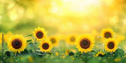 Bright Sunflower Field Under Warm Sunshine with Blurred Greenery in the Background on a Summer Day