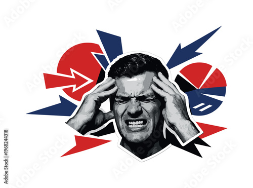 Black and white realistic human head with tense expression, retro photo cut-out style, hands pulling at the temples, bold white outline around the figure,