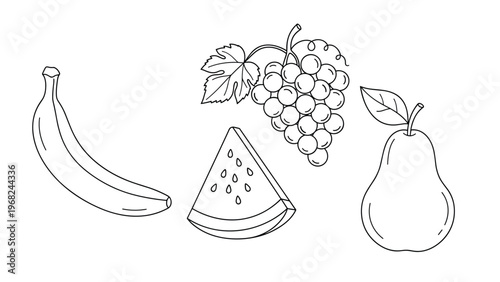 Collection of fruit line art illustration including banana watermelon grapes and pear for coloring and education.