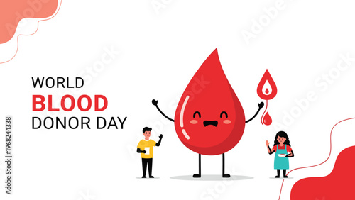 World Blood Donor Day awareness graphic with a happy blood drop character and people for donation promotion and medical help.