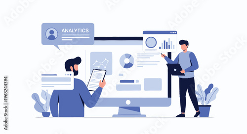 Business professionals analyzing data and statistics on computer screens for strategic planning.