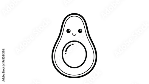 Cute avocado outline illustration with a happy face and big seed for food design and coloring book activity for children.