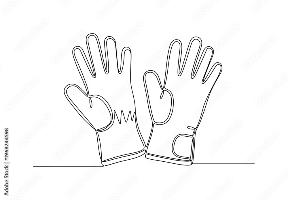Obraz premium Protective Gloves. Minimalistic one-line drawing work gloves laid flat with fingers visible, continuous single black line on white background, simple outline