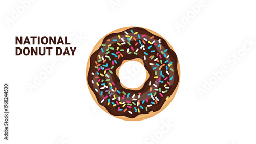 National donut day graphic featuring a large delicious chocolate glazed doughnut with colorful sprinkles and bold text on a clean background.