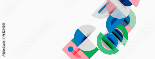 Abstract geometric shapes overlap, creating colorful design. Minimalist composition with blue, green, pink hues. Clean lines, modern aesthetic.