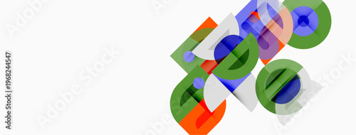 Abstract geometric shapes overlap, creating colorful composition. Circles, squares, rectangles present dynamic visual effect. Minimalist design.