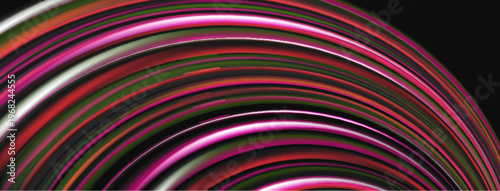 Abstract lines create curved pattern. Vivid colors blend, forming dynamic visual experience. Dark background emphasizes bright shapes.