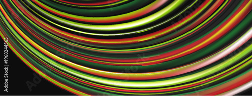 Colorful curved lines form abstract arc. Bright shades contrast against dark background. Dynamic visual composition.