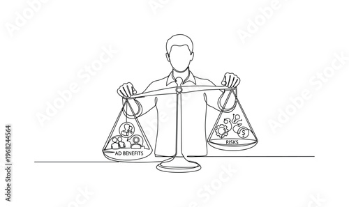 Ethical Decision-Making. Minimalistic one-line drawing person weighing ad benefits and risks on scale, continuous single black line on white background, simple