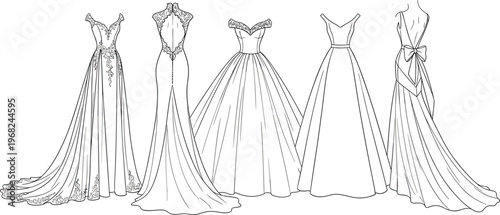 Elegant Wedding Dress Collection Vector Illustration with Bridal Gowns, Lace Details, Long Train Dresses and Formal Women Fashion Outline Set
