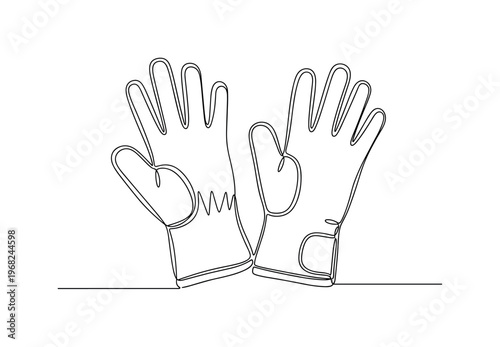 Protective Gloves. Minimalistic one-line drawing work gloves laid flat with fingers visible, continuous single black line on white background, simple outline