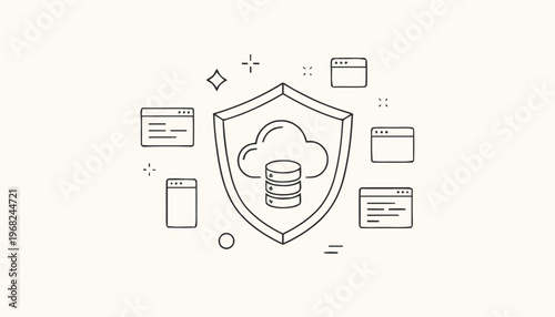 Cloud Data Security Illustration with Shield and Database Icon.