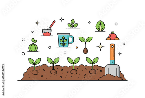 Vegetable patch spring planting scene where seedlings sprout in rich soil while small sparkle and line icons emphasize growth, care, and gardening potential.