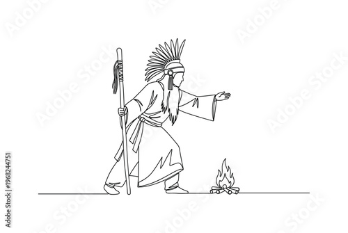 Shamanic Ritual. Minimalistic one-line drawing shaman holding staff and performing ancient rite, continuous single black line on white background, simple