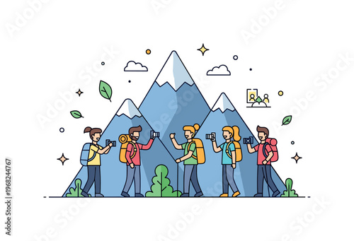 Group of friends mountain adventure scene where friends hike and take photos together while tiny sparkle and leaf icons highlight exploration, nature, and
