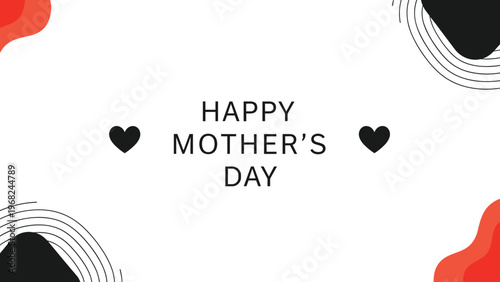 Modern happy mothers day card with abstract red and black organic shapes, small heart icons, and stylized circular lines on a white layout.